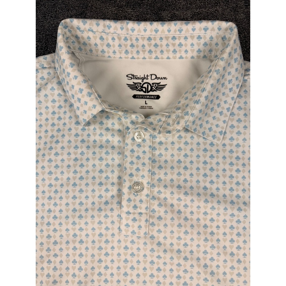Straight Down Performance Golf Polo Shirt Mens L Blue White Playing Card Print